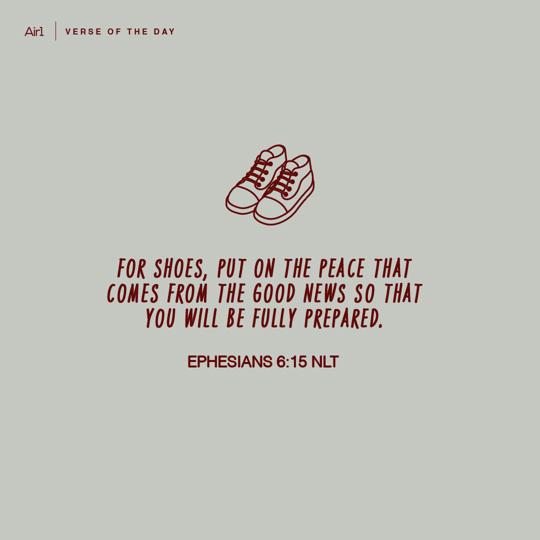 For shoes, put on the peace that comes from the Good News so that you will be fully prepared.