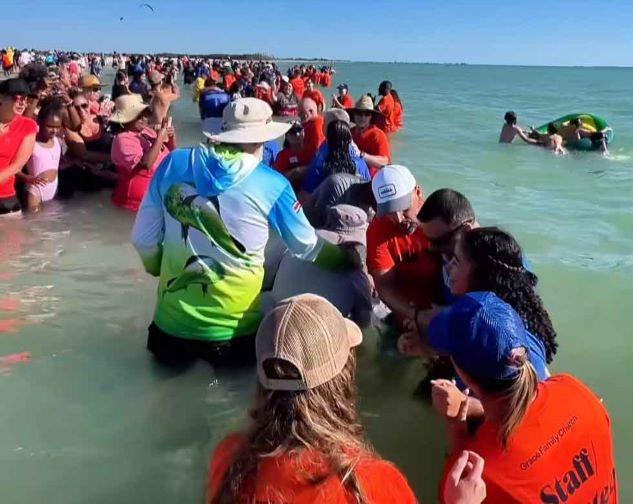 Grace Family Church staff baptize people in the waters of Tampa Bay
