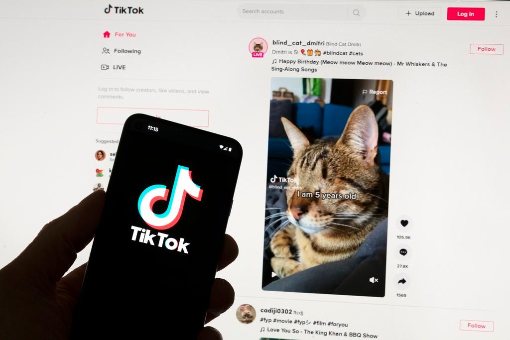 The TikTok logo is seen on a mobile phone in front of a computer screen which displays the TikTok home screen