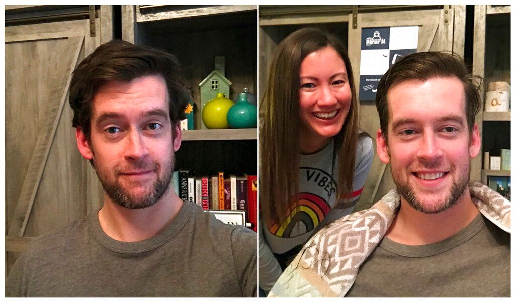 (left) Brian Coughlin before receiving a haircut and (right) wife Ashley after she gave him a haircut in Evanston, Ill. He usually heads to the barber every eight to 10 weeks. He was about a month overdue when he asked his wife to give it a try with the clippers as they shelter at home. 
