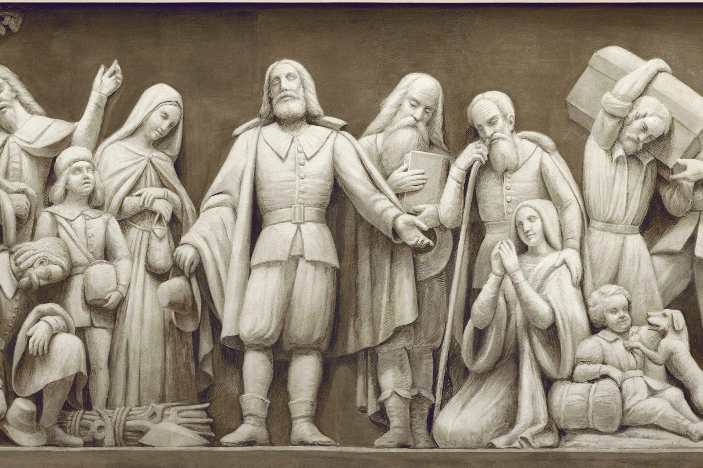 Pilgrims, led by William Brewster, shown giving thanks for their safe voyage/Frieze in the Rotunda of the United States Capitol