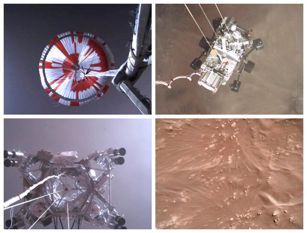 Combination of images from video made available by NASA shows steps in the descent of the Mars Perseverance rover