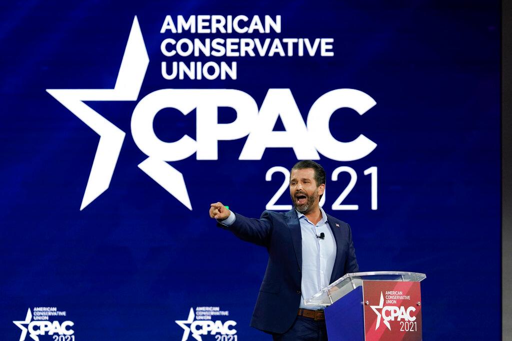 Donald Trump Jr., speaks at the Conservative Political Action Conference (CPAC) Friday, Feb. 26, 2021, in Orlando, Fla.