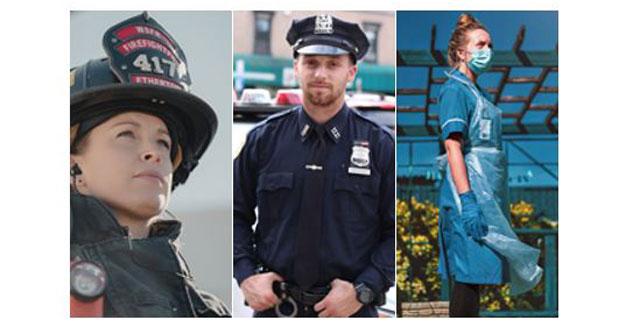 3x montage, Woman firefighter, Male policeman, Female Nurse outdoors