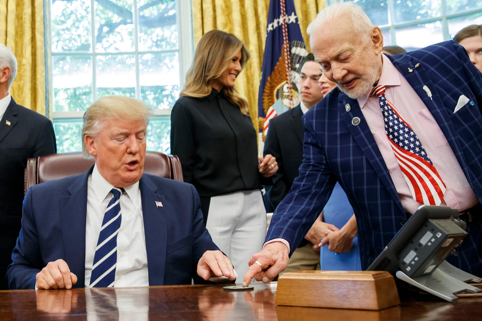 Apollo 11 astronauts Buzz Aldrin and Michael Collins visit Oval Office