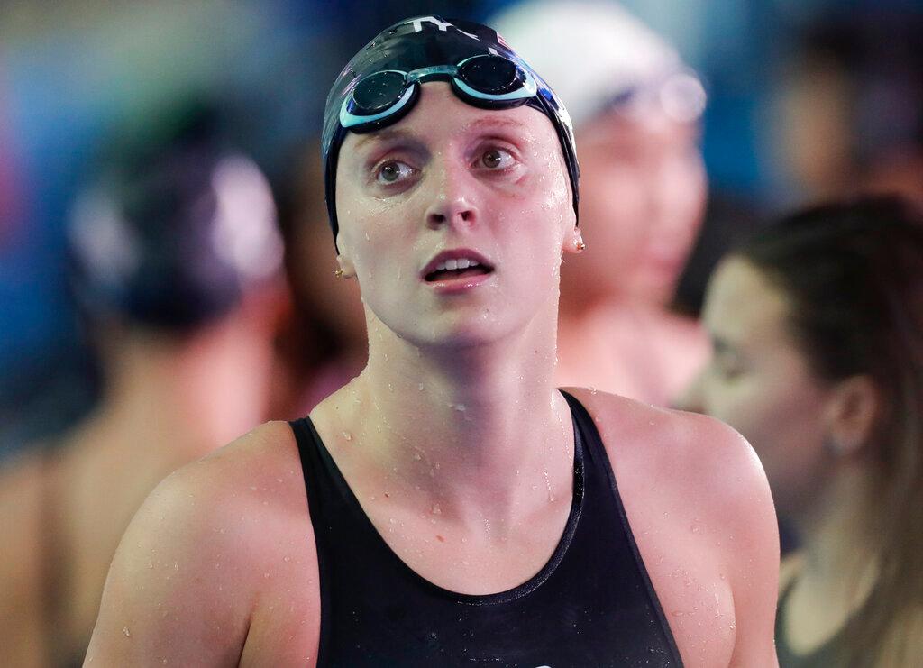 United States' Katie Ledecky reacts as she leaves the pool after the women's 400m freestyle final at the World Swimming Championships in Gwangju, South Korea, Sunday, July 21, 2019.