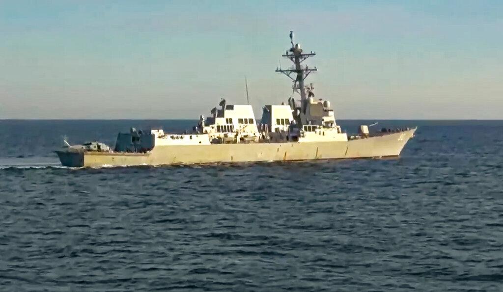 Taken from video released by Russian Defense Ministry Press Service, the U.S. destroyer USS Chafee is seen form Russian navy's Admiral Tributs destroyer near Russian territorial waters in the Sea of Japan 
