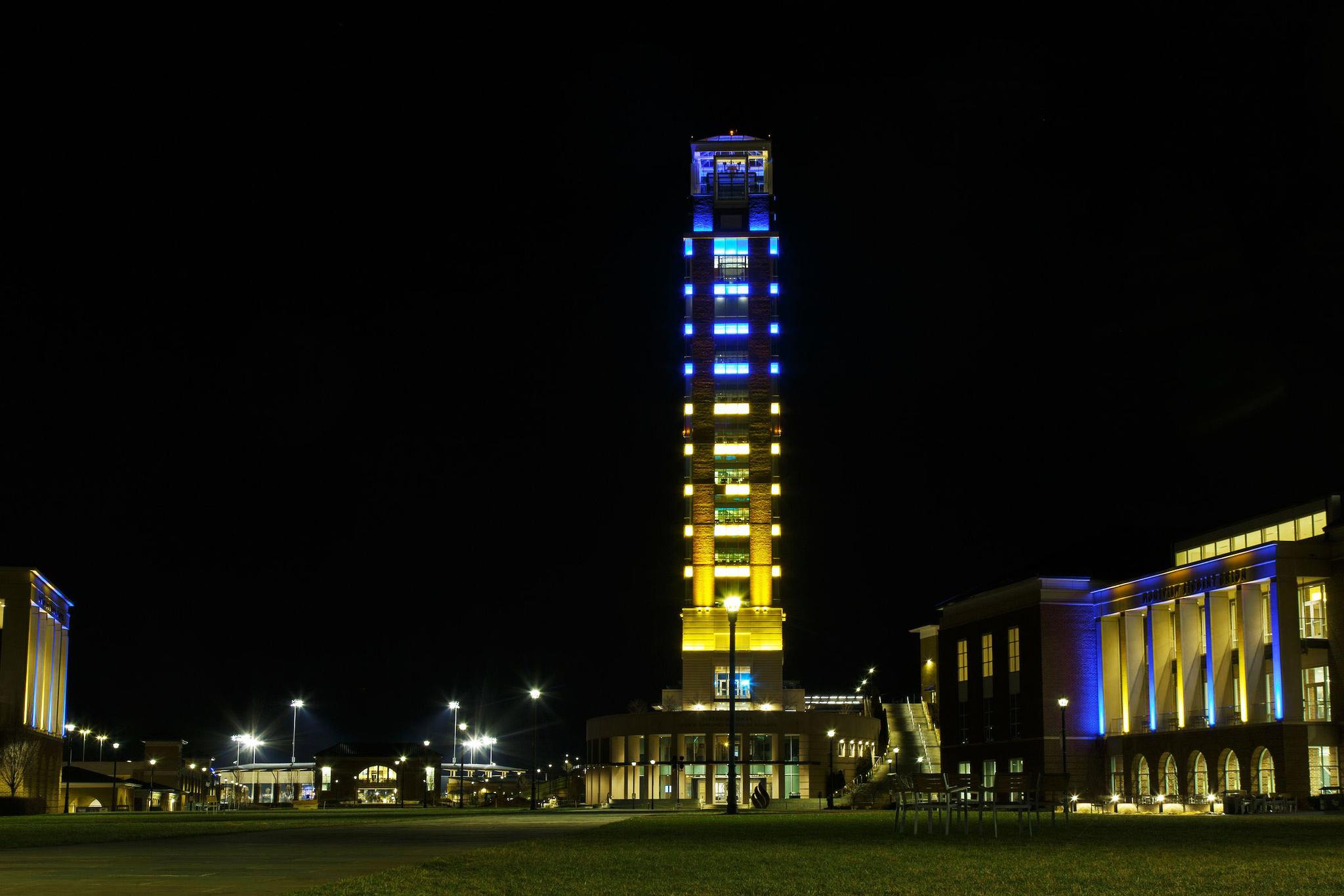 Liberty University lights up with colors of Ukraine flag