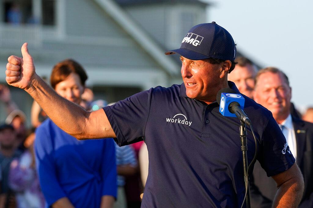 Phil Mickelson speaks after winning the PGA Championship golf tournament on the Ocean Course, May 23, 2021, in Kiawah Island, S.C. Mickelson has not been heard from in three months. It is uncertain if he will defend his title at Southern Hills on May 19-22.